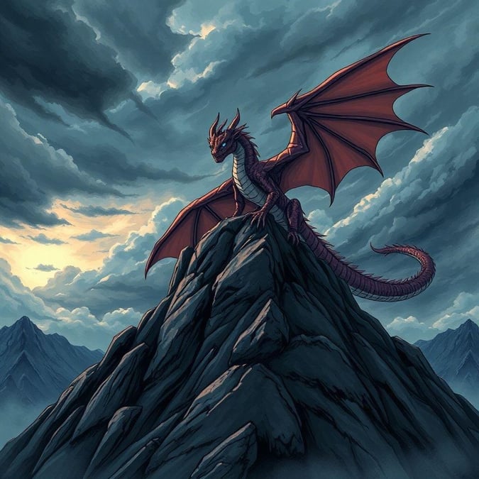 This anime-style illustration captures a serene yet powerful moment of a dragon perched on a mountain peak, its wings spread wide, amidst a stormy sky. The dragon's intense blue eyes grip the viewer's gaze, while the dark, rocky terrain adds depth and mystery.