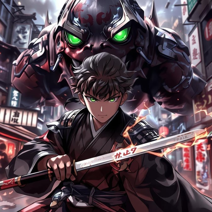 Get ready for an epic battle between a young samurai and a giant kaiju in this stunning anime wallpaper.