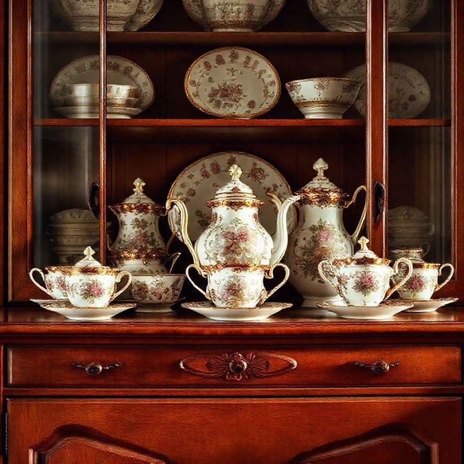 A vibrant tea set, including cups and saucers, elegantly displayed on a wooden shelf, ready for a delightful afternoon of tea time.