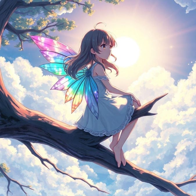 Diese bezaubernde Anime-Illustration zeigt ein junges Mädchen mit schillernden Flügeln, das auf einem Ast sitzt und nach rechts schaut. Die ätherische Atmosphäre ist vor einem bewölkten Himmel mit einer hellen Lichtquelle gesetzt.