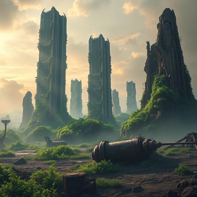 In this breathtaking sci-fi landscape, towering structures reach for the sky as they are silhouetted against a warm sunrise. The futuristic design of these monuments suggests a world far beyond our own, where technology and nature coexist in harmony.