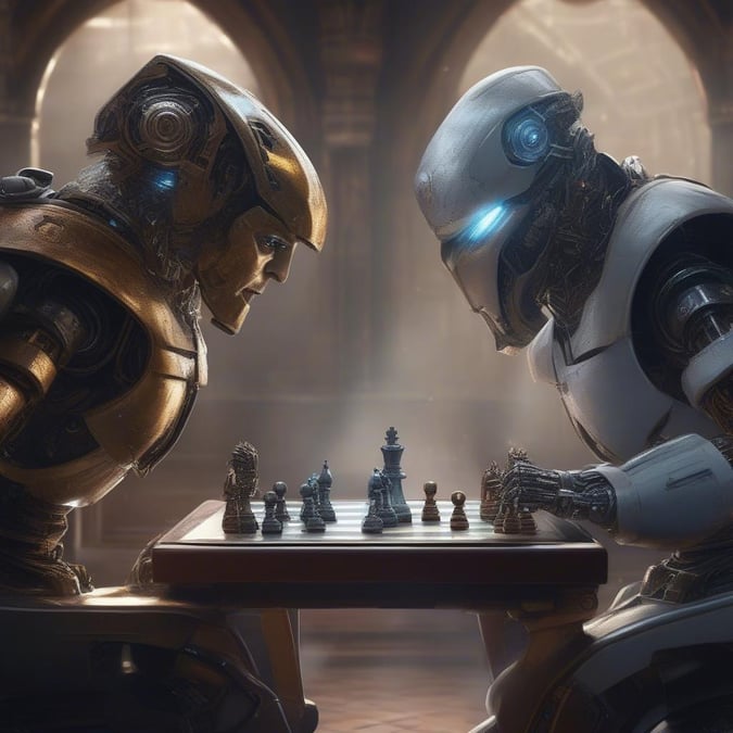 In this futuristic setting, two advanced robotic characters are engaged in a friendly game of chess, with one character using its cybernetic eyes to focus on the board. The image captures the essence of artificial intelligence and strategic thinking in an entertaining and visually striking display.