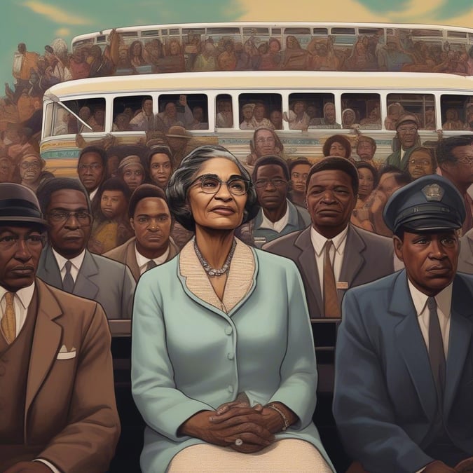 A tribute to the life and legacy of an iconic leader. A group of people gather at a bus stop, ready for their journey led by this influential woman.