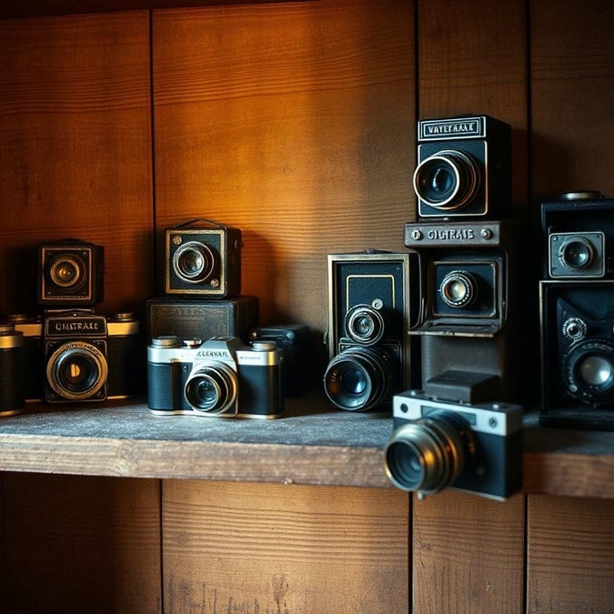 An assortment of classic film cameras, each with its own unique character, showcased against a backdrop that evokes memories of the past.