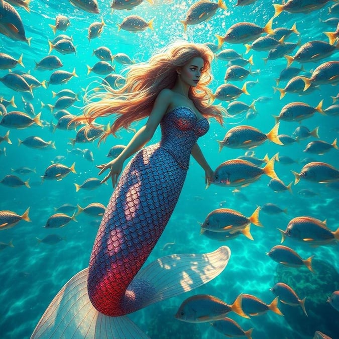 Bring a touch of fantasy to your digital world with this magical mermaid wallpaper. Swim through the deep blue ocean with this enchanting mermaid, who seems to be inviting you for an underwater journey.