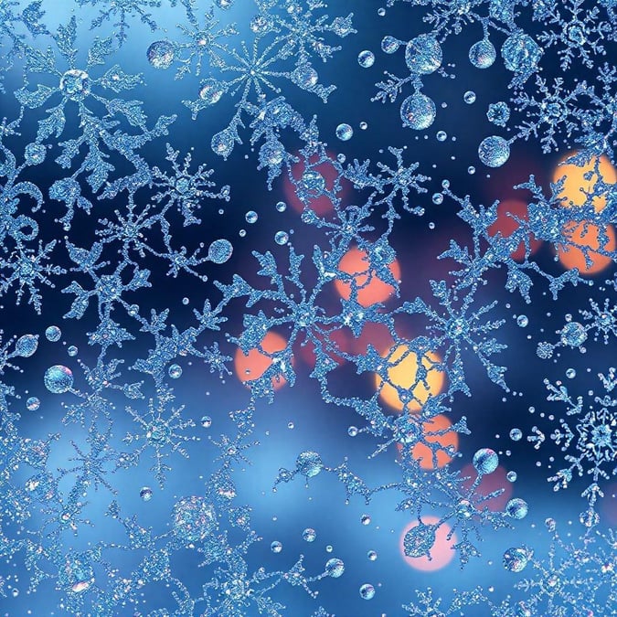 A winter wonderland captured through the window pane, with falling snowflakes creating an ethereal scene. The warm glow of interior lights shining through adds a cozy touch to the cold weather setting.