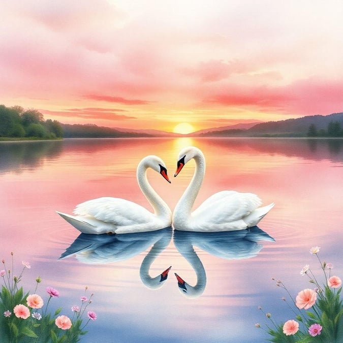 A beautiful and serene wallpaper perfect for weddings and anniversaries, featuring two swans in love amidst a stunning sunset.