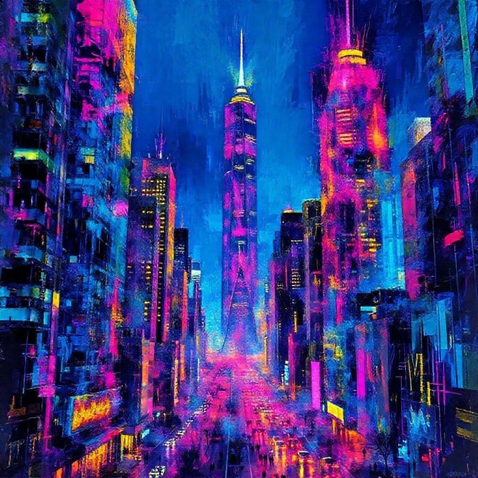 A vibrant nighttime scene showcasing the lights of a city skyline, with an artistic touch that gives it a dreamlike, almost otherworldly feel.