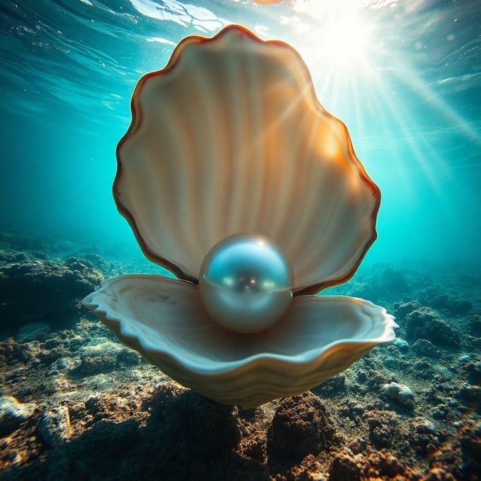 This image captures a moment of tranquility beneath the ocean surface, with a single natural pearl resting atop a seashell on the reef. The sunlight filters through the water, illuminating the precious gem amidst the coral and sea creatures. A serene underwater scene that would make a beautiful wallpaper for any device.