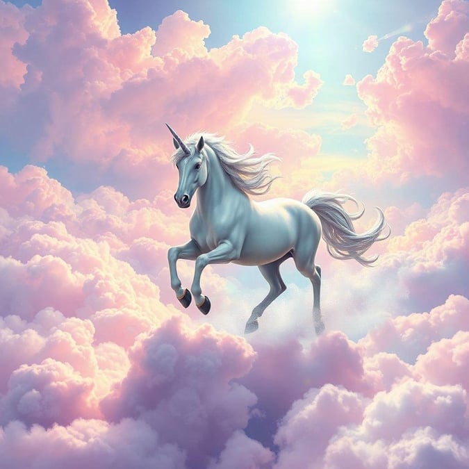 A stunning unicorn soars through a sky filled with pink clouds, its mane flowing like magic behind it. This fantasy creature embodies enchantment and the power of imagination.