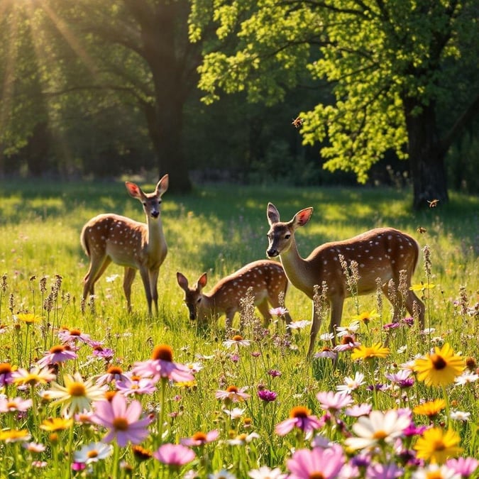 In the heart of nature, three deer stand as symbols of peace and tranquility. Amidst the vibrant carpet of wildflowers, these gentle creatures seem to be at home, their brown and white coats standing out against the colorful backdrop. The sun shines down on them, casting a warm glow over the scene and highlighting their graceful forms. This serene image captures a moment of calm and beauty in nature.