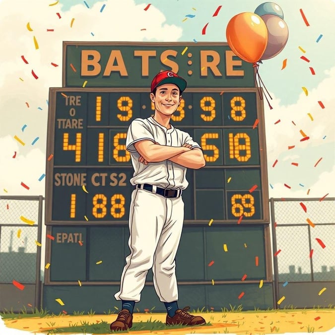 The baseball player celebrating his successful hit with a big smile. The stadium behind him has the scoreboard displaying his impressive strike record. A festive balloon adds to the joyous atmosphere.