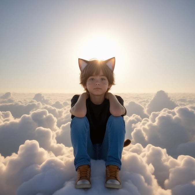 Este fondo de pantalla de estilo anime presenta a un chico con orejas de gato y bigotes sentado en una nube, mirando el amanecer. El chico lleva una camiseta negra y jeans azules, con los brazos alrededor de su cuello mientras mira directamente a la cámara. El sol brilla intensamente en la parte superior de la imagen, proyectando un cálido resplandor sobre la escena. El fondo está lleno de nubes esponjosas, lo que añade a la atmósfera de ensueño de la imagen.