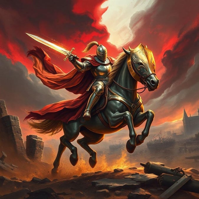 This image captures the essence of chivalry and bravery as a knight rides into battle on horseback, sword in hand.