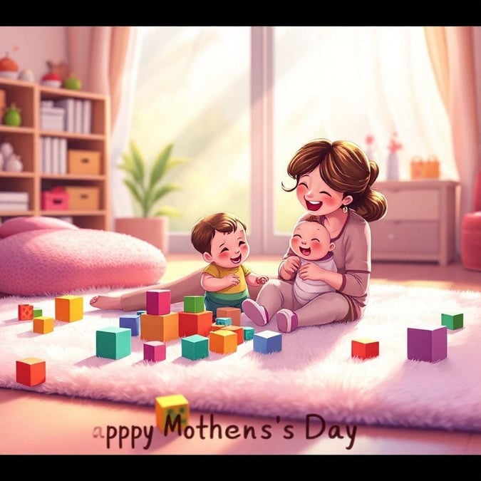 A mother and her two children playing with blocks on a fluffy rug, surrounded by a cozy living room with a window and a bookshelf.