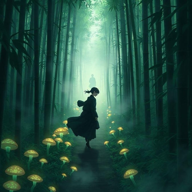 A kunoichi, shrouded in mystery, silently navigates through a mystical bamboo forest, guided by the glowing mushrooms on her path. The enigmatic figure in the distance beckons her forward, surrounded by verdant greenery and a misty atmosphere.