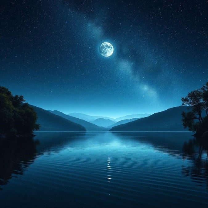 A tranquil nighttime scene with a full moon reflecting on the water at the end of a lake, surrounded by a forested area. Perfect for desktop and mobile wallpapers.