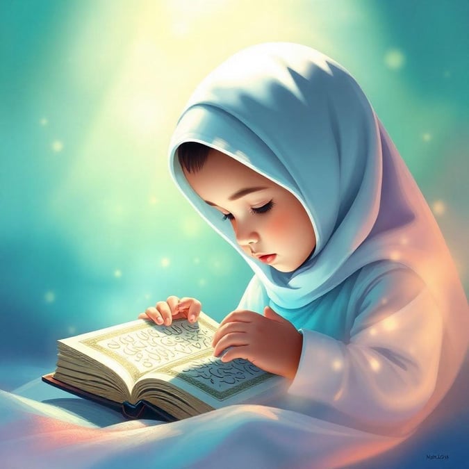 This beautiful image captures a moment of quiet reflection and devotion, as a young girl sits with an open book, lost in thought and prayer. The soft colors and gentle lighting create a peaceful atmosphere, perfect for a Ramadan and Eid-themed wallpaper.