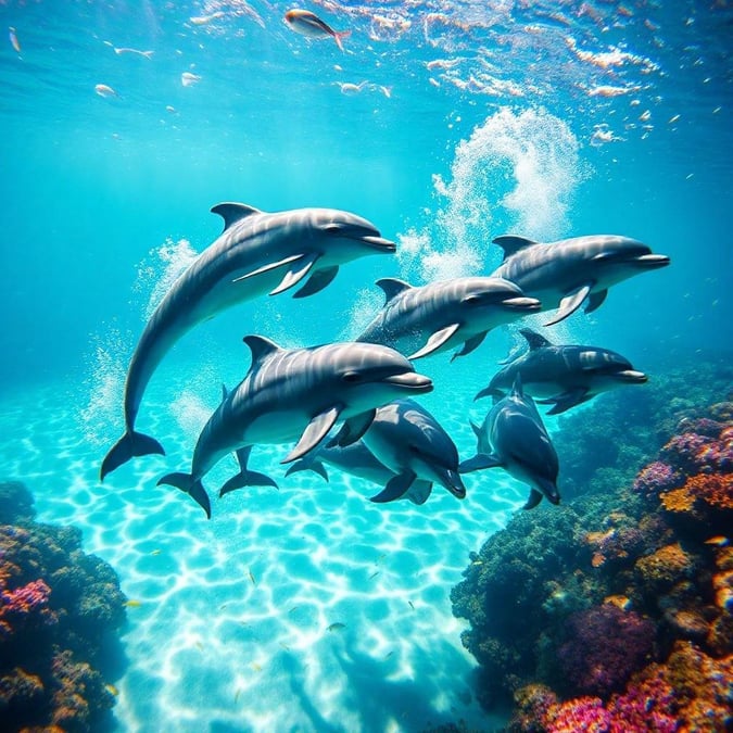 Cute dolphins playfully frolicking in an ocean sunlit paradise - a tranquil scene from the depths.