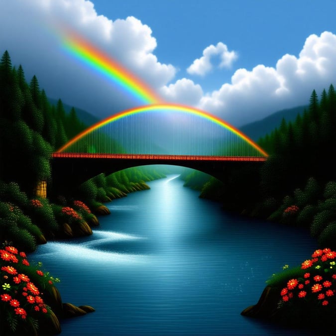 This beautiful digital artwork captures the essence of St. Patrick's Day celebrations, featuring a vibrant rainbow arching over a quaint bridge spanning across a serene river.