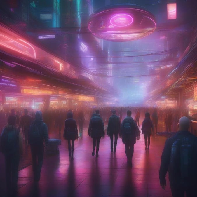 A bustling neon-lit marketplace in a futuristic city, teeming with people and vibrant signs.