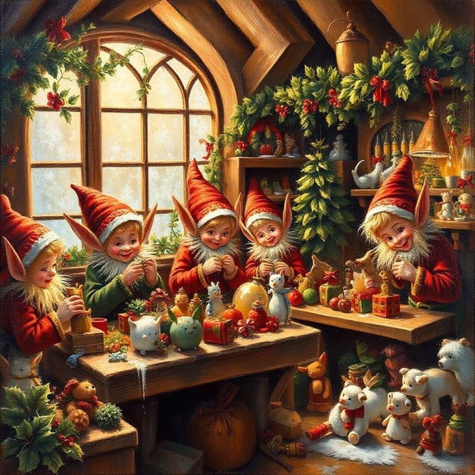 Get into the holiday spirit with this charming Christmas wallpaper featuring adorable elves decorating for the season. Perfect for desktop and mobile use, this festive image captures the joy and magic of Christmas.