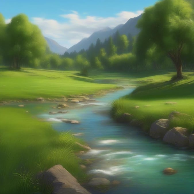 A tranquil scene of a river flowing through a lush green landscape, perfect for desktop and mobile wallpapers.