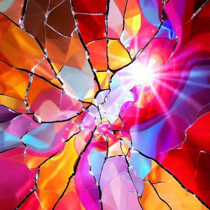 This abstract art piece captures the essence of a sunburst, with its vibrant hues and dynamic shattered glass effect. The blend of bright reds, oranges, yellows, pinks, and purples creates an eye-catching centerpiece for your desktop wallpaper.