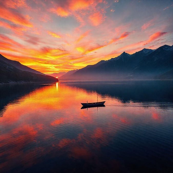 A tranquil scene where the sky turns golden with clouds reflecting on the water's surface, with a small boat gently floating. Perfect wallpaper for calm and contemplative moments.