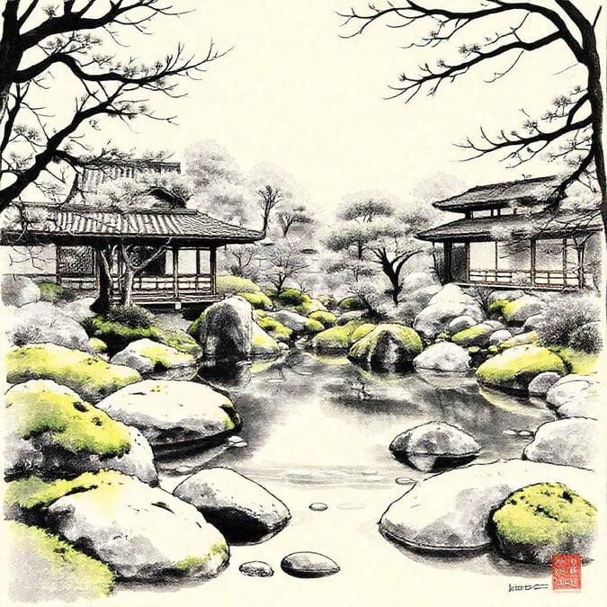 This tranquil garden, nestled amidst the quiet charm of a traditional Japanese house, invites you to take a leisurely stroll along its well-trodden path. The rocks, meticulously arranged by nature over centuries, now stand as silent sentinels in this peaceful setting. A small brook meanders through the scene, adding to the serene atmosphere. As your eyes follow the winding stream and climb up the gentle slope of the garden, you'll find yourself immersed in a world that exudes calmness and harmony with nature.