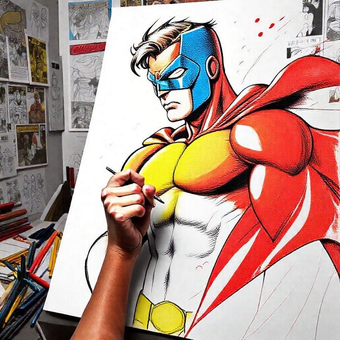 A vibrant depiction of a classic comic hero in his iconic costume, ready to leap into action.