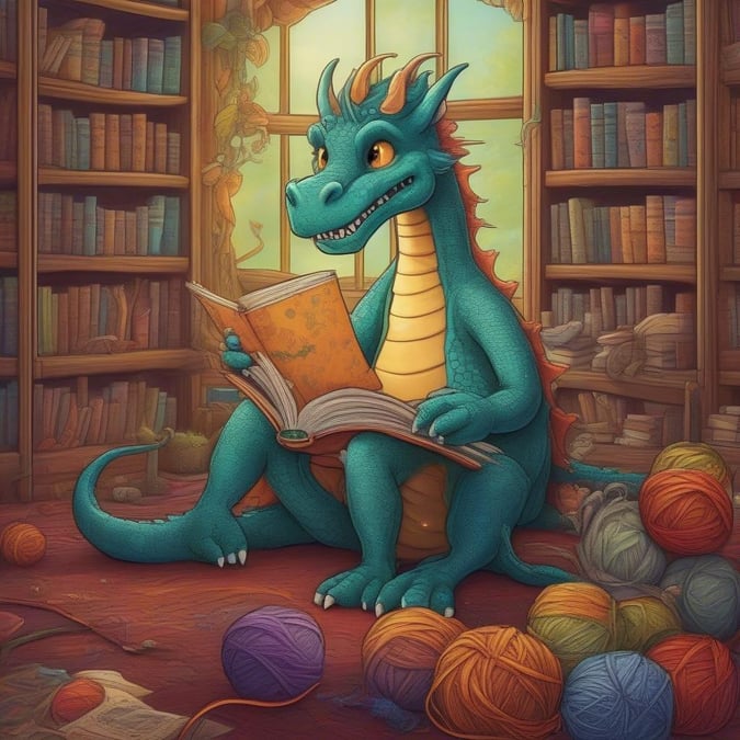 A whimsical scene where a small dragon enjoys a cozy read in an old library setting.