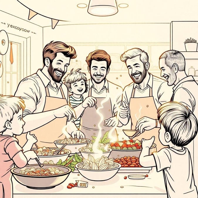 This image captures the joy and love of a Father's Day celebration, featuring a group of men and children cooking together in a kitchen. The warm and inviting atmosphere is perfect for a Father's Day wallpaper, reminding us of the importance of family and togetherness.