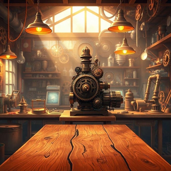 Une illustration numérique détaillée d'un atelier inspiré du steampunk, avec une grande table en bois au premier plan. La pièce est remplie de divers engrenages et gadgets, créant une atmosphère énigmatique. L'accent est mis sur la machine, avec un arrière-plan flou, mettant en valeur son design complexe.