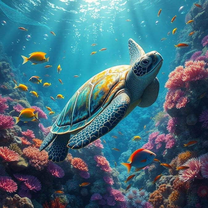 This image captures a serene moment in the ocean, showcasing a sea turtle gliding effortlessly through the coral reef. The vibrant colors and intricate details of the turtle's shell and the surrounding coral create a stunning visual experience.