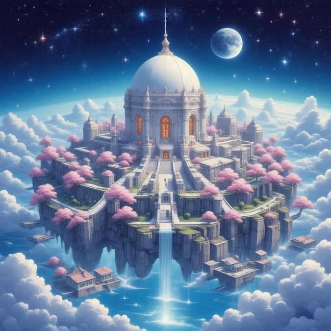 Immerse yourself in the enchanting world of anime with this wallpaper featuring a celestial city, complete with a majestic white dome, pink cherry blossoms, and intricate architecture. The city floats among the stars, set against a breathtaking backdrop of blue and purple hues that seamlessly blend into the starry night sky.