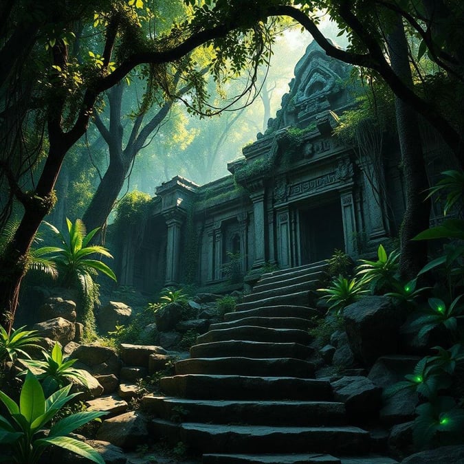 This stunning wallpaper features an ancient temple nestled in the heart of a lush jungle, exuding a sense of mystery and adventure.