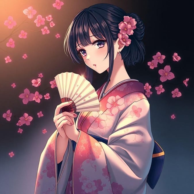 A stunning anime illustration of a girl in a kimono, surrounded by intricate patterns and vibrant pink flowers against a dark background, capturing a moment of tranquility and contemplation.