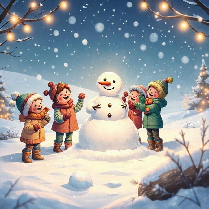 A cheerful winter scene with three children happily posing next to a snowman, enjoying the holiday spirit.