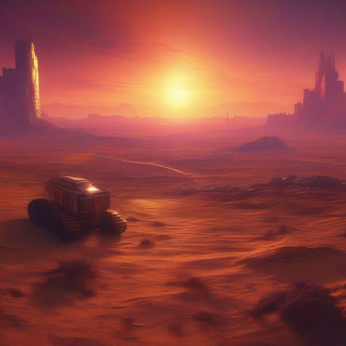 A futuristic landscape with a vehicle in the foreground and a cityscape in the background, set against a vibrant orange and yellow sky.