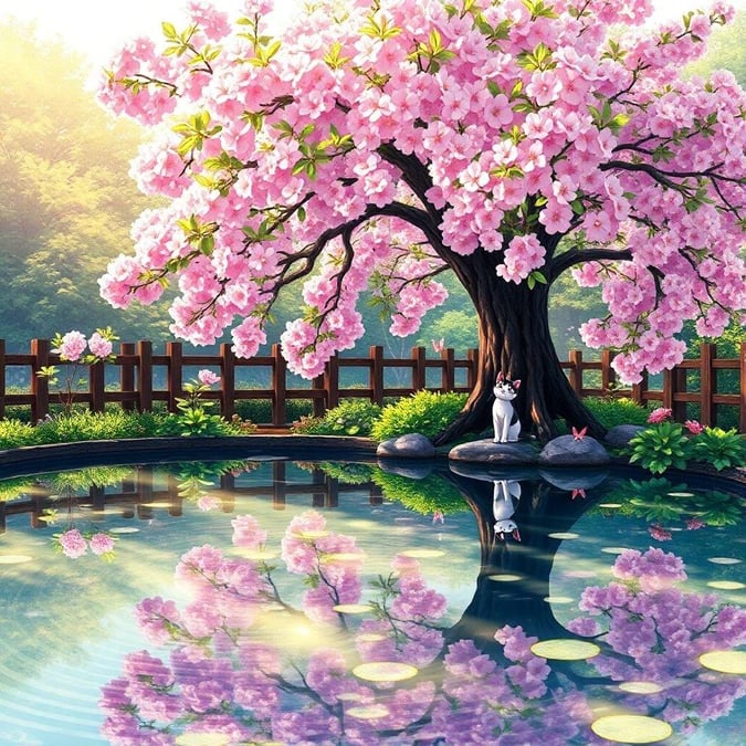 Immerse yourself in the serene beauty of this anime garden scene, where a majestic cherry blossom tree stands tall amidst a tranquil pool, surrounded by a wooden fence, bathed in warm light.