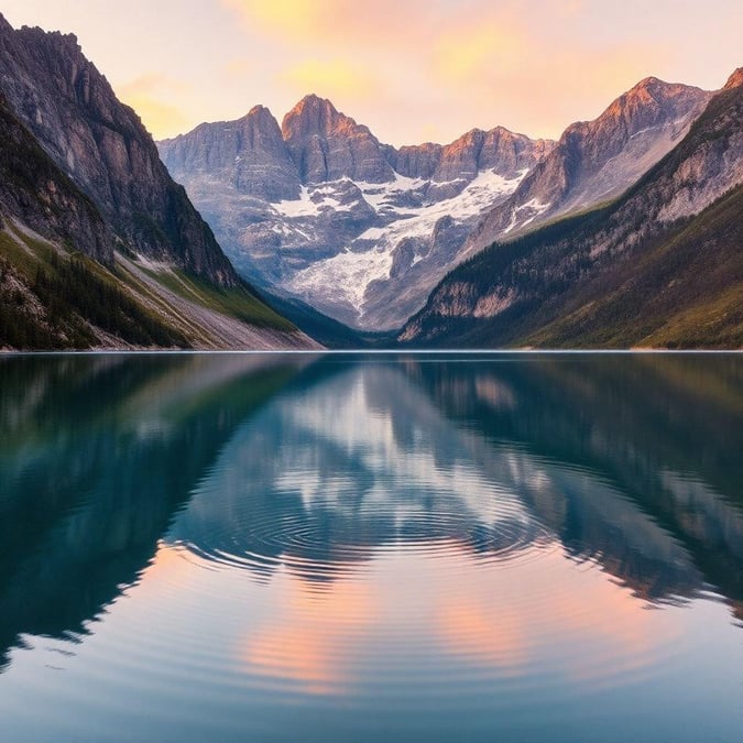 A serene view of an alpine lake nestled among majestic mountains during sunset.