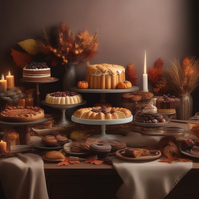 Indulge in the sweet spirit of Thanksgiving with this breathtaking dessert table, featuring an array of mouthwatering treats and warm autumnal colors.