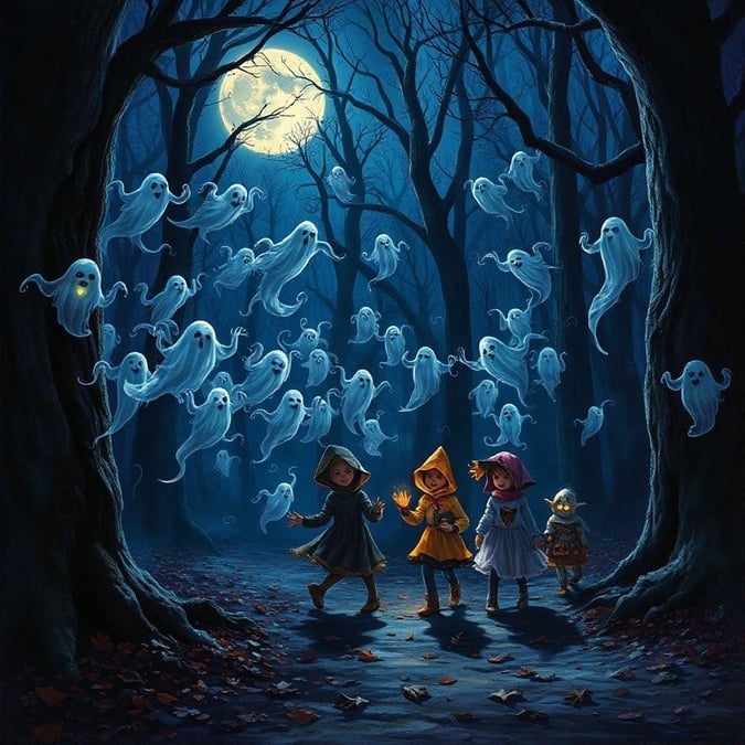 Get into the spooky spirit with this Halloween wallpaper featuring a group of kids in a haunted forest surrounded by ghosts.