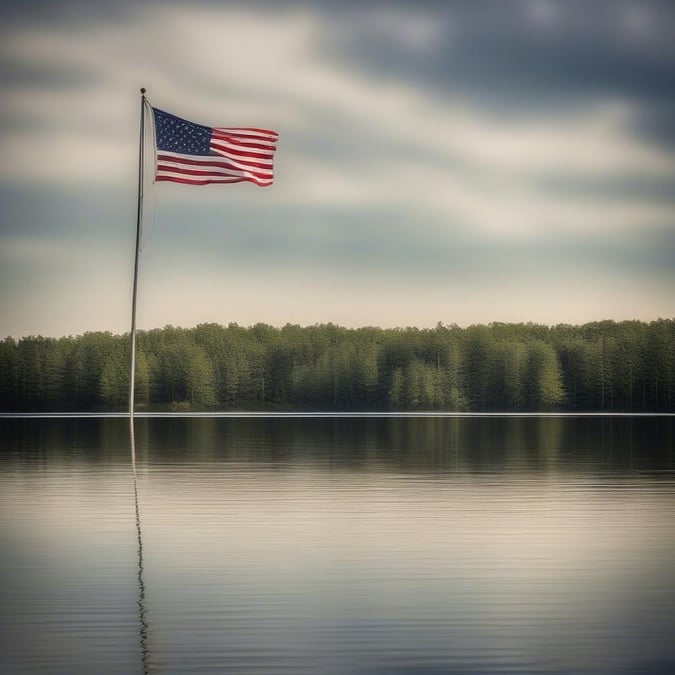 A tranquil day on the lake, with the American flag standing tall on a flagpole at sunrise. A symbol of national pride and unity, set against the backdrop of nature's beauty.