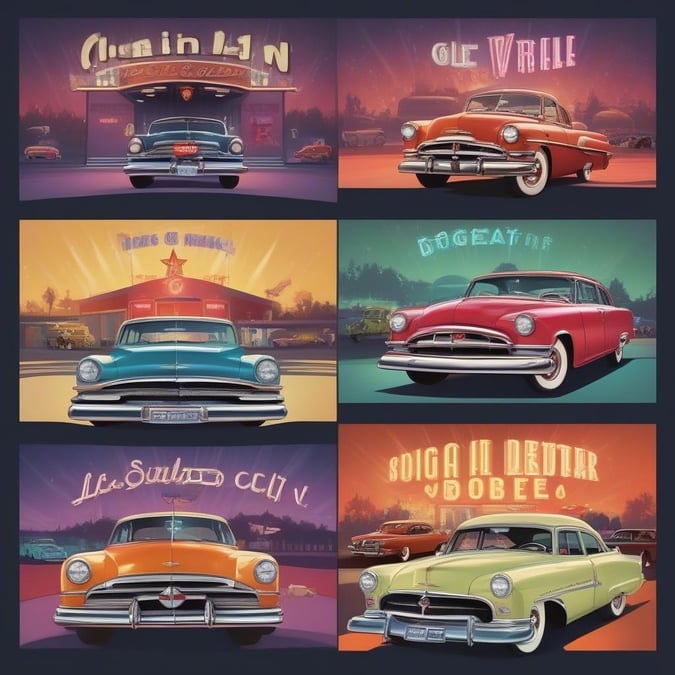 Experience the classic car cruising vibe with this retro wallpaper. The vibrant colors and dynamic scenes take you on a trip back to the golden age of automobiles.