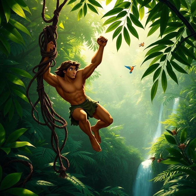 Tarzan is swinging through the jungle, surrounded by lush greenery and exotic wildlife. This wallpaper captures the essence of adventure and freedom.