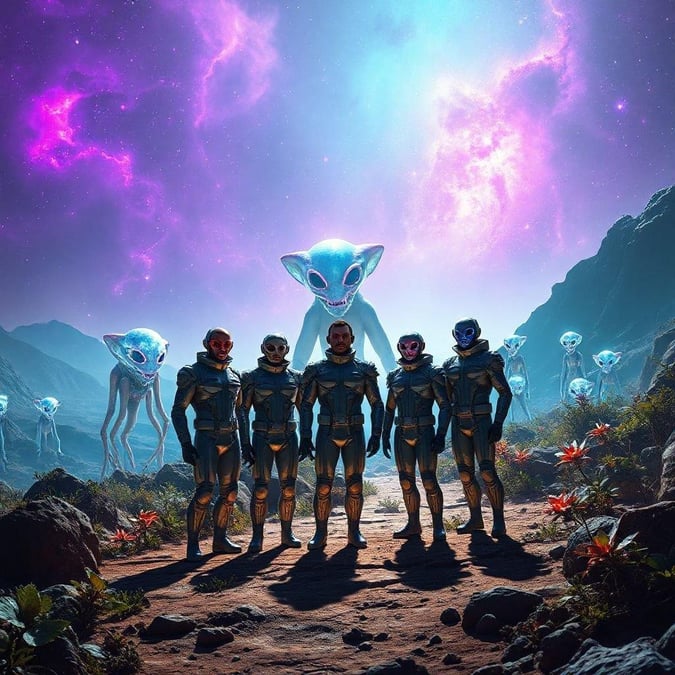 A group of brave astronauts face off with ethereal blue aliens in a desert landscape under a starry sky.