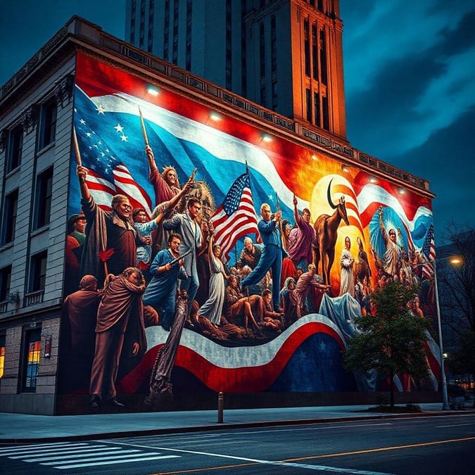 A vibrant mural commemorating America's struggle for independence, featuring iconic figures like George Washington and the Statue of Liberty.