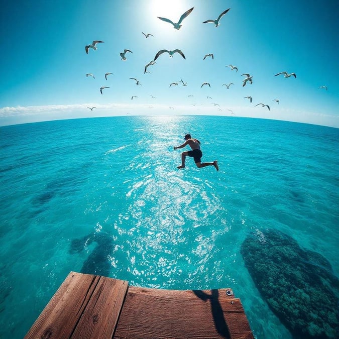 A man is jumping into the ocean from a dock, surrounded by seagulls flying overhead. The image captures the thrill and freedom of the moment, with the bright blue water and clear sky adding to the sense of joy and adventure.